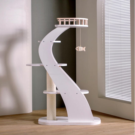 SHENGOCASE Modern Stylish 52.4 inches Tall Wooden Cat Tree Tower, Aesthetic Cat Condo Ladder with 5-Level Big Perch Platform Bed for Window Viewing Watching Large Scratching Post