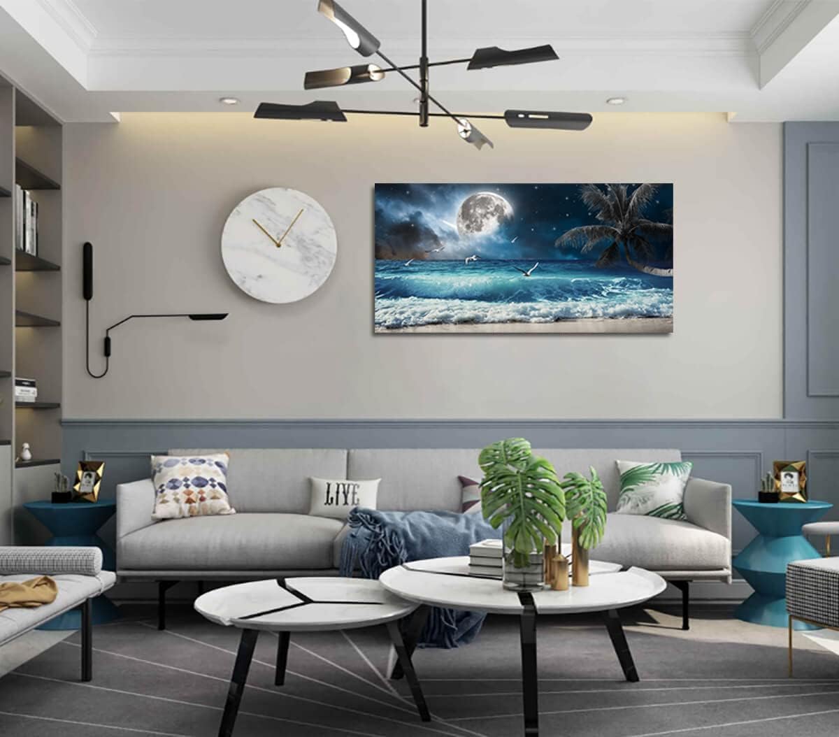 Yxbhhym Moon Ocean Decor Beach Wall Art Seascape Painting Sea Canvas Poster Prints Landscape Plam Pictures Artwork for Living Room Decor Wall Decorations large Framed Wall Art -20x40inches