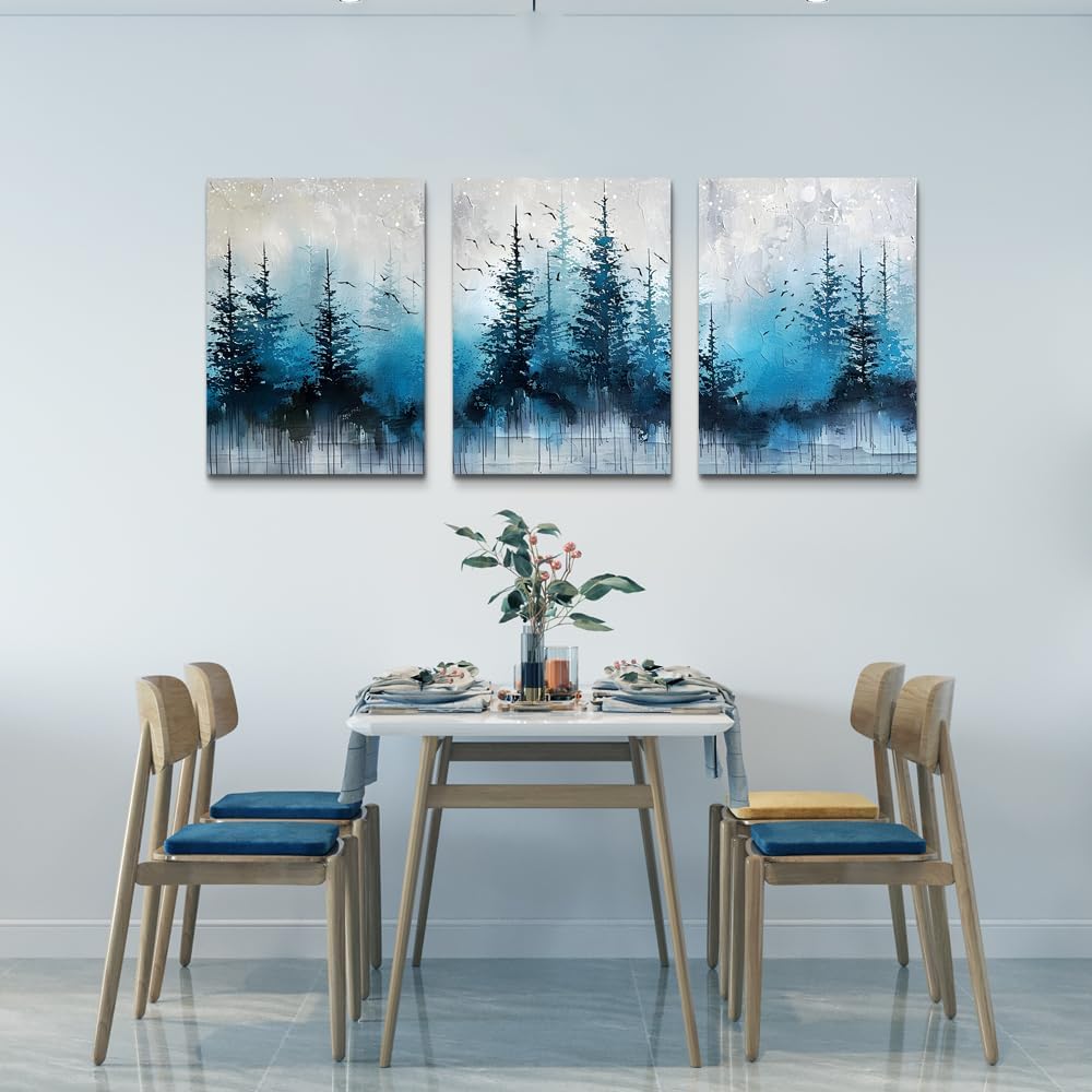 TTHYUEWS Boho Wall Art For Living Room Canvas Wall Decor For Bedroom Forest Landscape Wall Pictures Blue Tree Abstract Wall Paintings Artworks Ready To Hang Office Aesthetic Wall Decoration 3 Piece