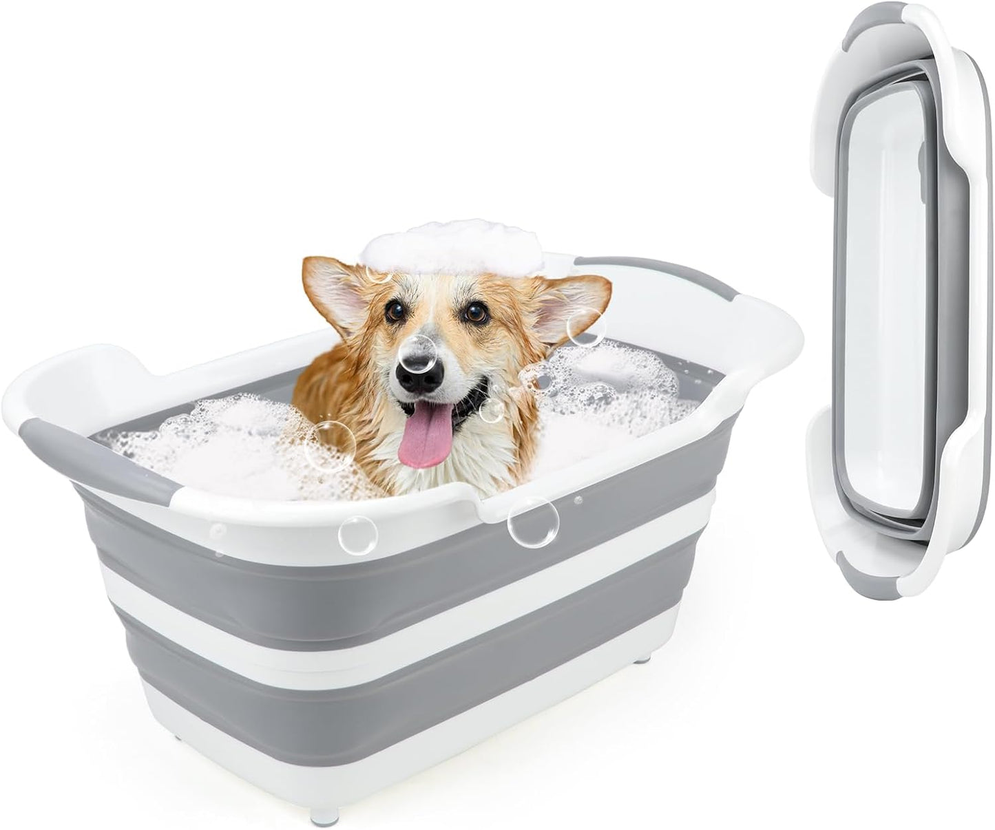 FHTONGE 7.13 Gal/27L Raised Collapsible Dog Bathtub with Drain Hair Catcher, Multifunctional Pet Washtub for Small to M Dog, Portable Puppy Tub Cat Shower Basin Laundry Basket Storage Organize Bucket