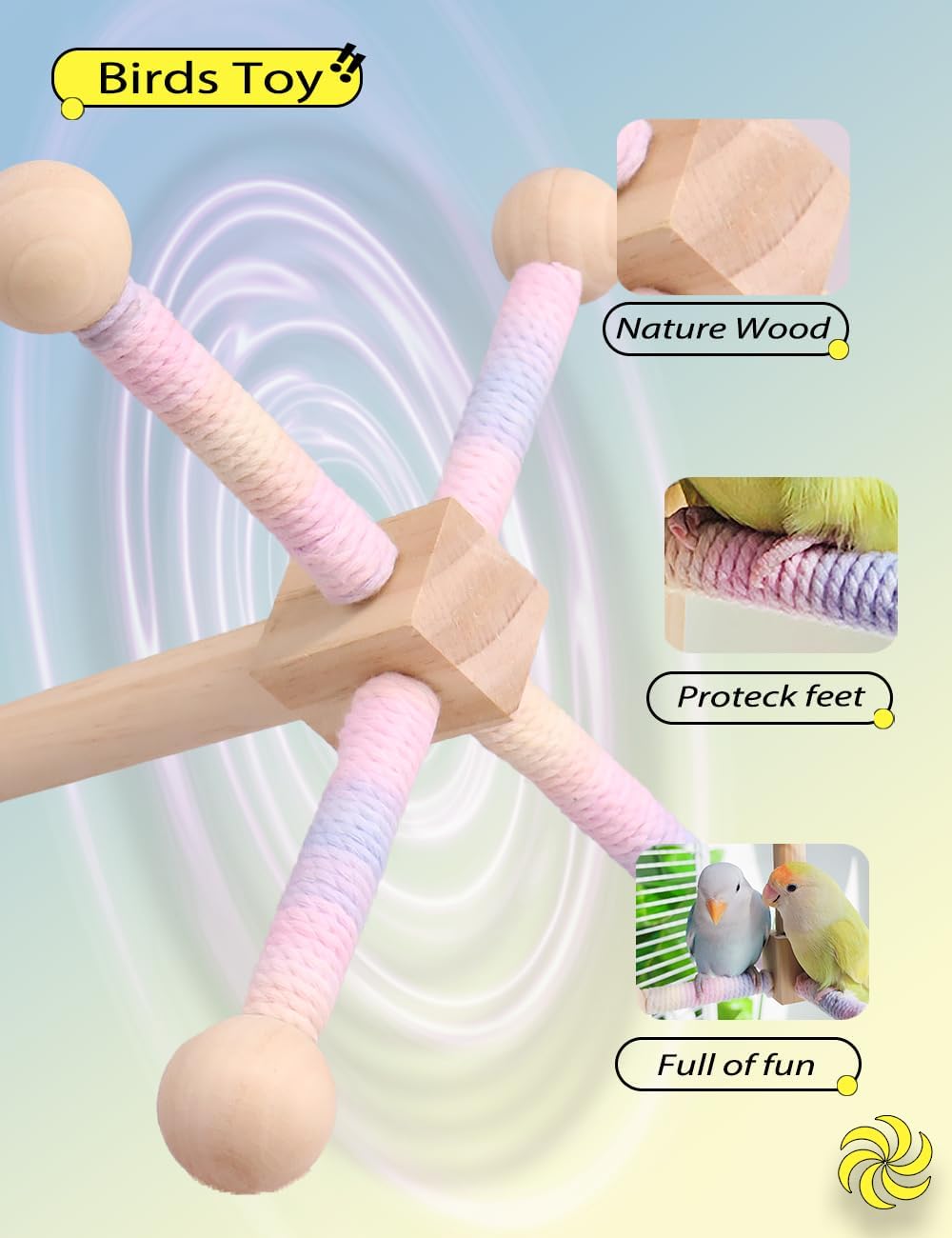 Bird Stand Perch Toy, 360° Rotating Natural Wooden Parrot Perch for Bird Cages, Colorful