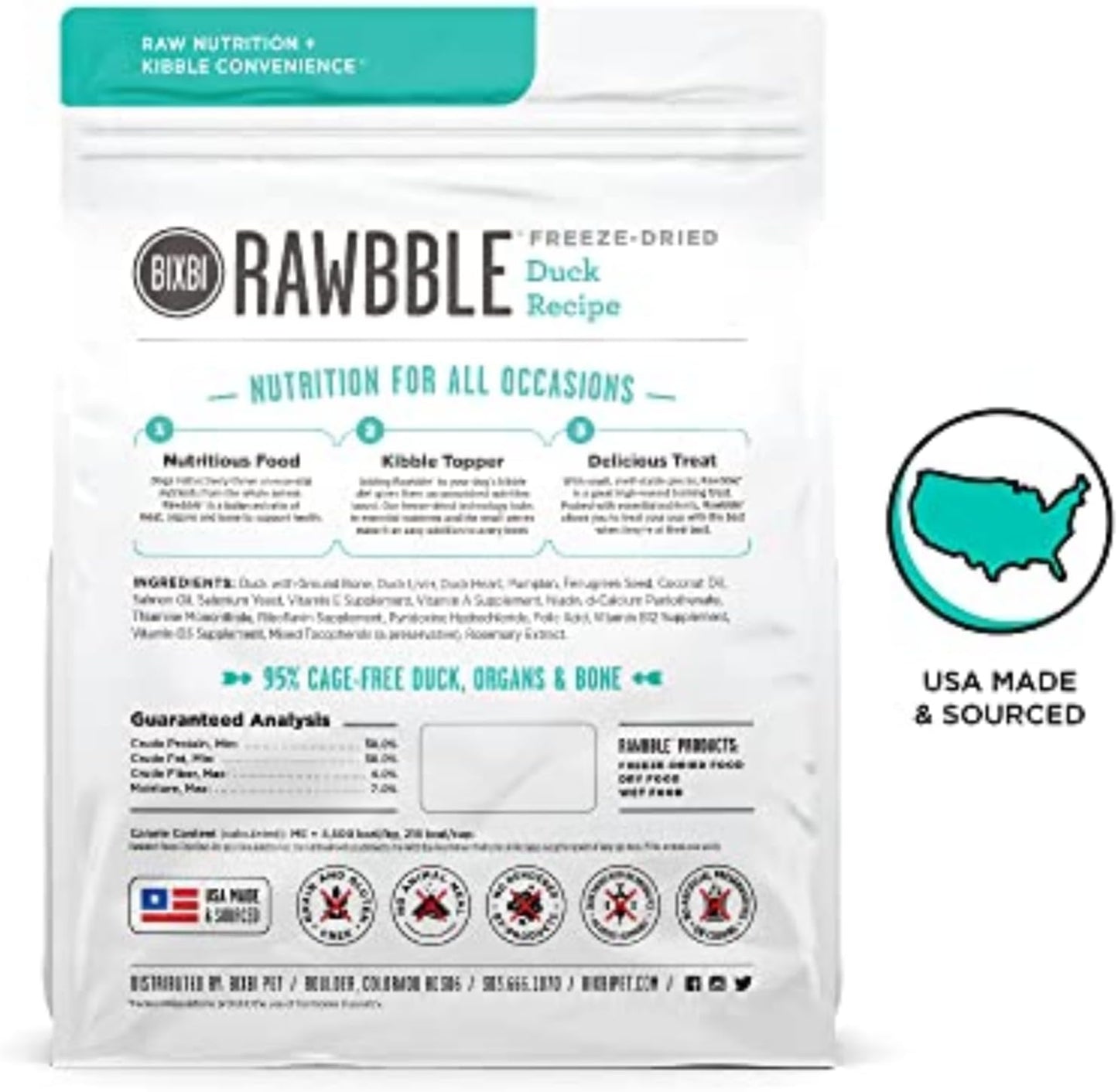 BIXBI Rawbble Freeze Dried Dog Food, Duck Recipe, 26 oz - 95% Meat and Organs, No Fillers - Pantry-Friendly Raw Dog Food for Meal, Treat or Food Topper - USA Made in Small Batches