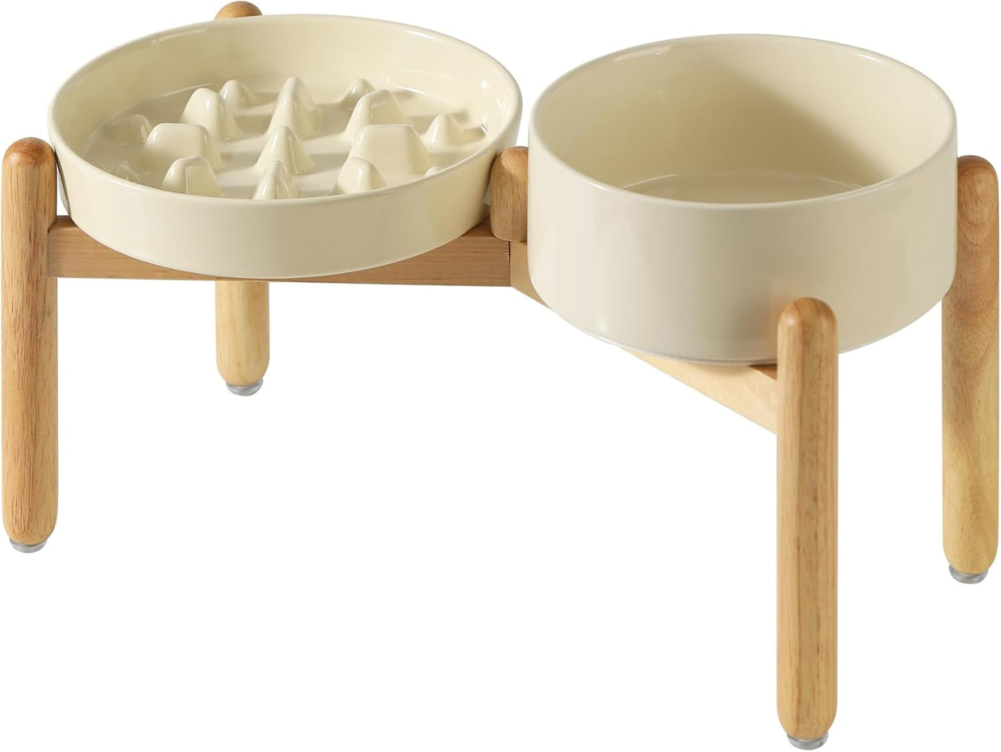 Ceramic Raised Slow Feeder Dog Bowl Set, Elevated 8.2inch Bowl and 9.5inch Slow Pet Food Dish with Wooden Stand for Large Dog (2 x Beige+ Stand)