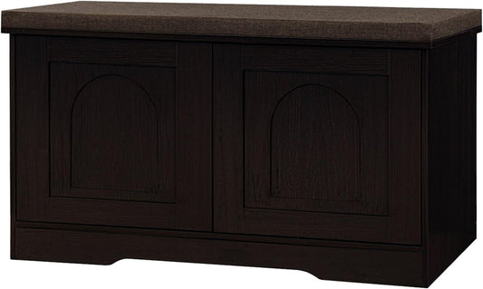 DINZI LVJ Shoe Bench, Entryway Storage Bench with Doors, Cushion, 2-Tier Shoe Rack with 6-Cubby, 31.5”L x 13.8”W Shoe Organizer Cabinet, Adjustable Shelf, Living Room, Bedroom, Espresso