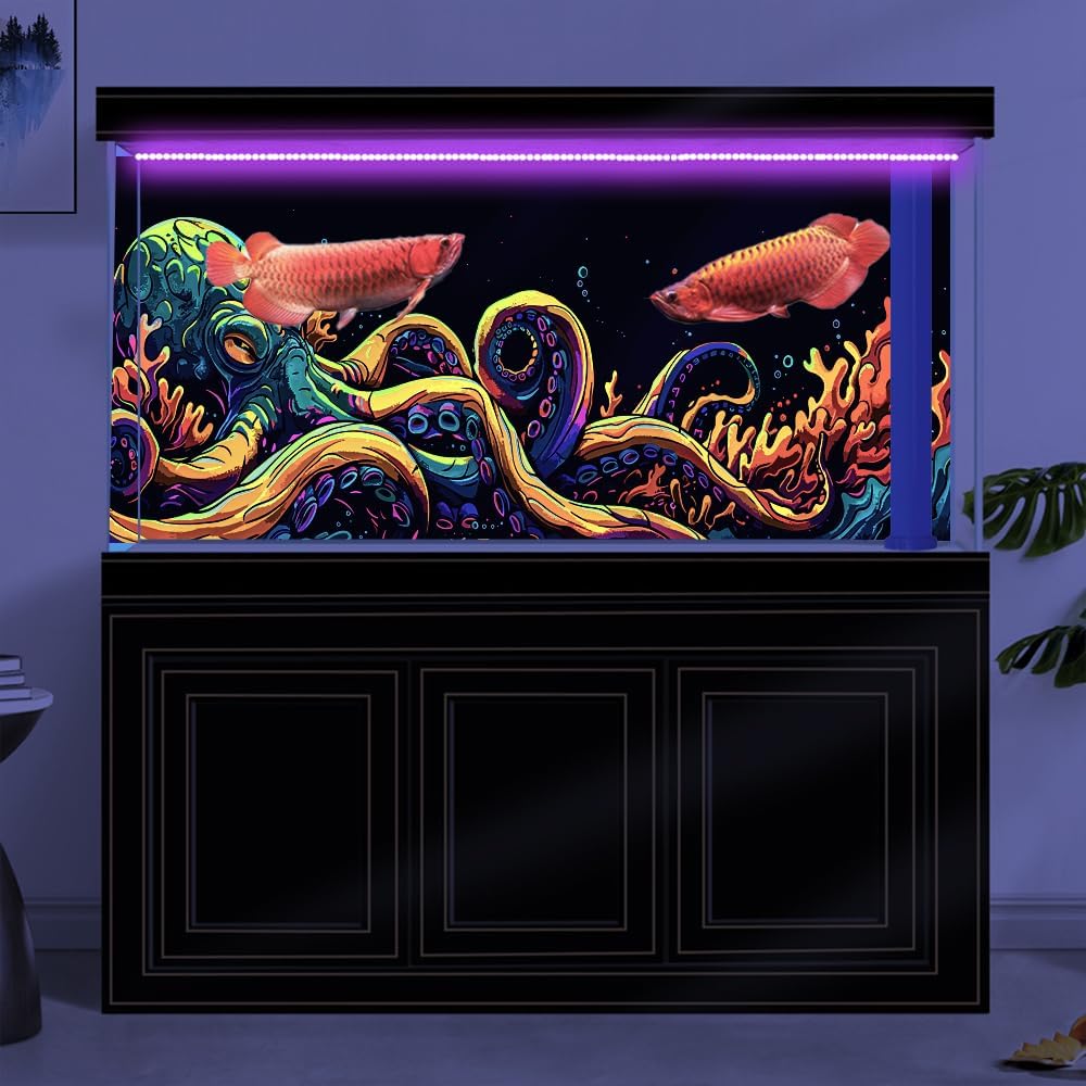 72X16IN Blacklight Octopus Sea Monster HD 3D Black Light Aquarium Background UV Reactive Background Terrarium Background with 10 EVA Double-Sided Tape