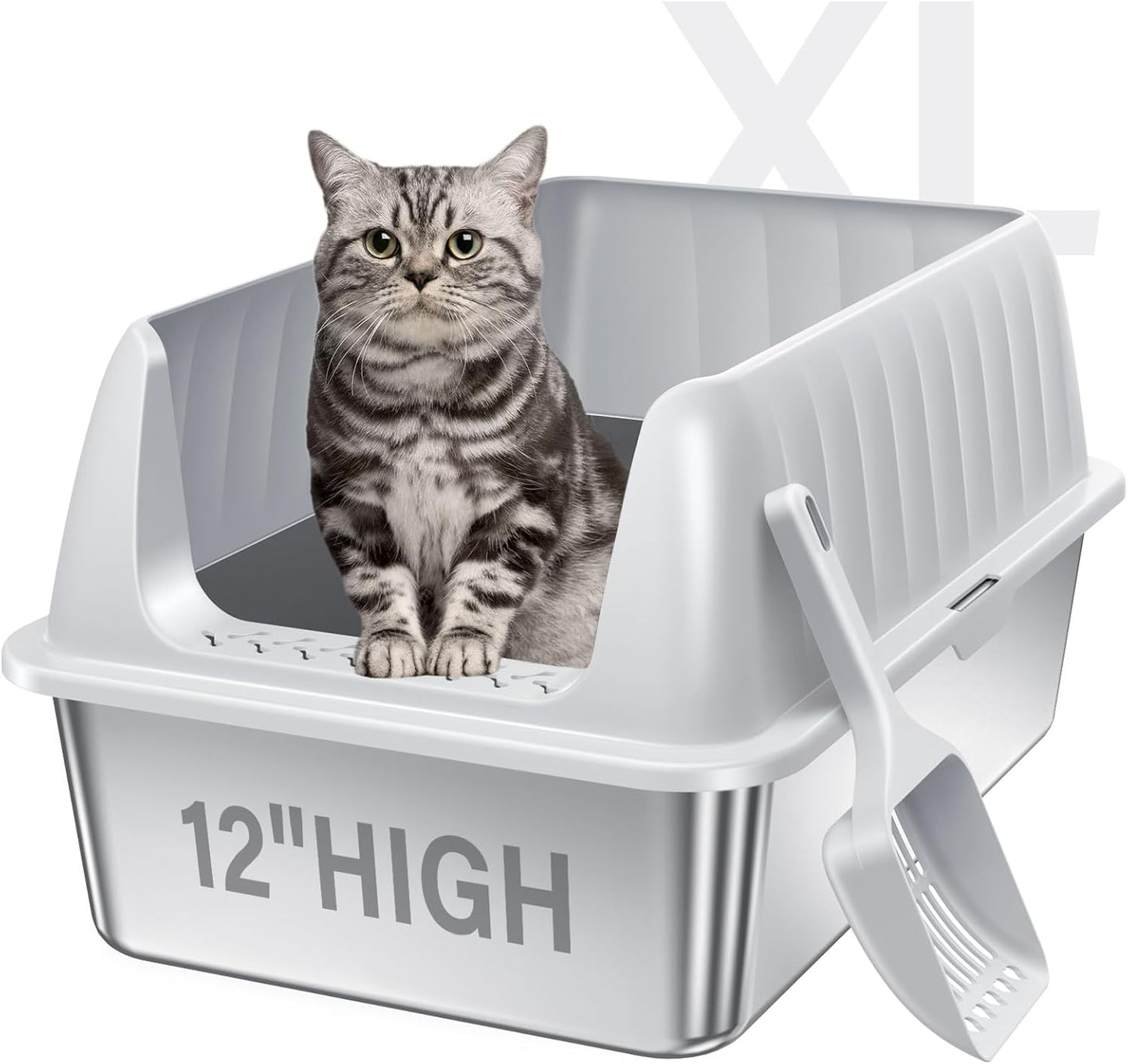 Cat Litter Box Stainless Steel XL with Lid, Enclosed Metal Extra Large Litter Box Pan High Sided with Scoop for Big Cats, Non-Sticky, Anti-Urine Leakage, Easy Cleaning