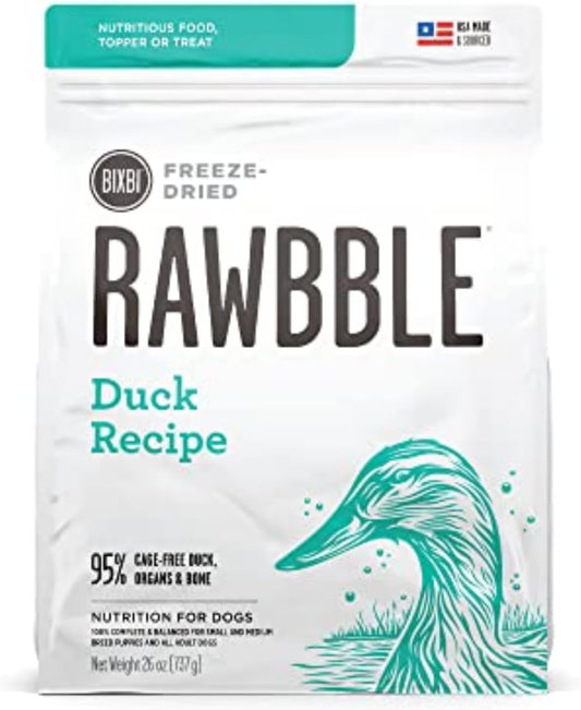 BIXBI Rawbble Freeze Dried Dog Food, Duck Recipe, 26 oz - 95% Meat and Organs, No Fillers - Pantry-Friendly Raw Dog Food for Meal, Treat or Food Topper - USA Made in Small Batches