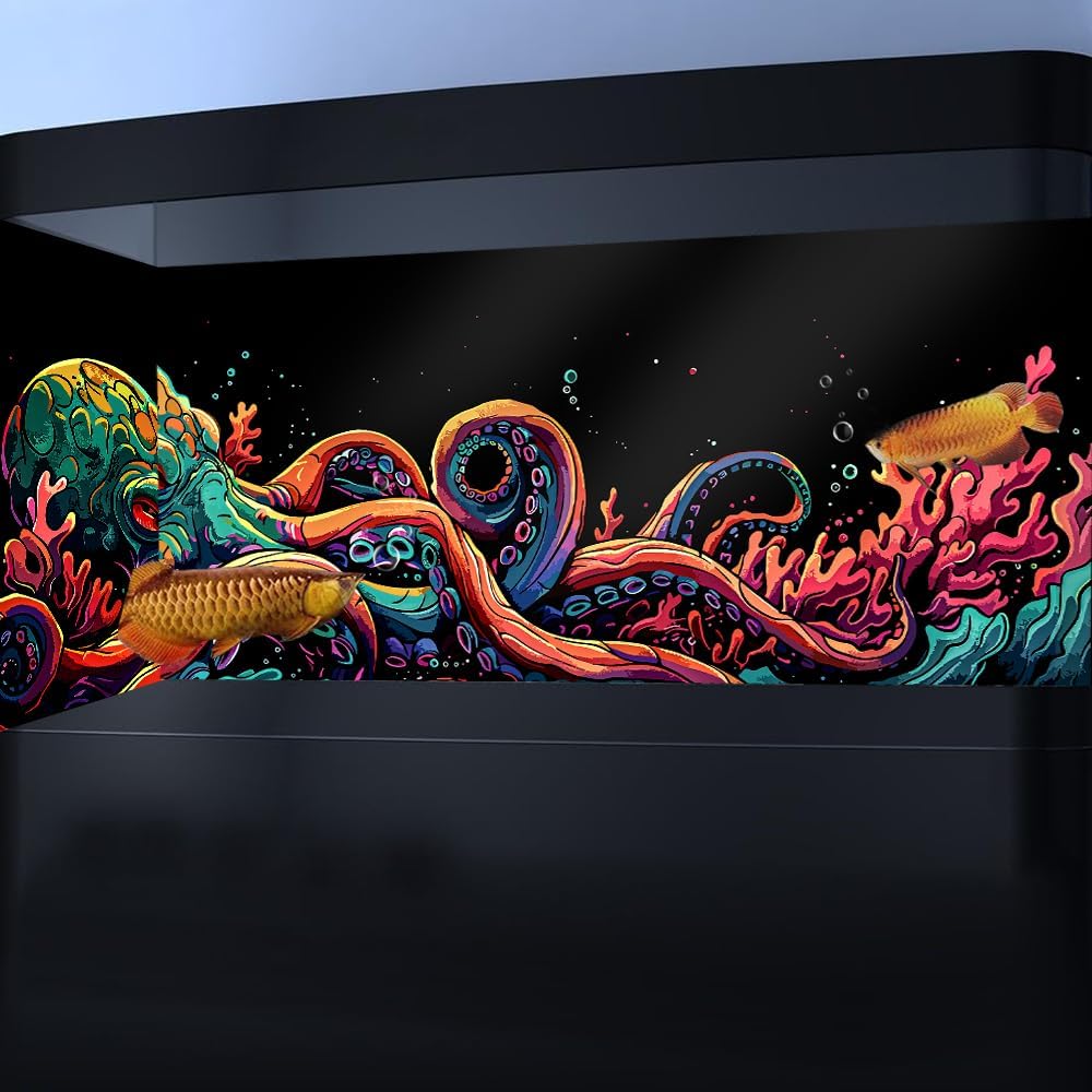 30X18IN Blacklight Octopus Sea Monster HD 3D Black Light Aquarium Background UV Reactive Background Terrarium Background with 10 EVA Double-Sided Tape