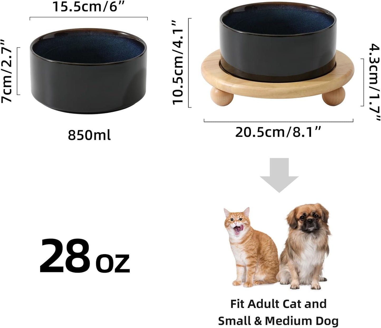 Ceramic Elevated Dog Food and Water Bowl, Kitty Bowl, Raised Dog Dish, Pet Feeder (6inch, 1 x Starry Sky + Stand)