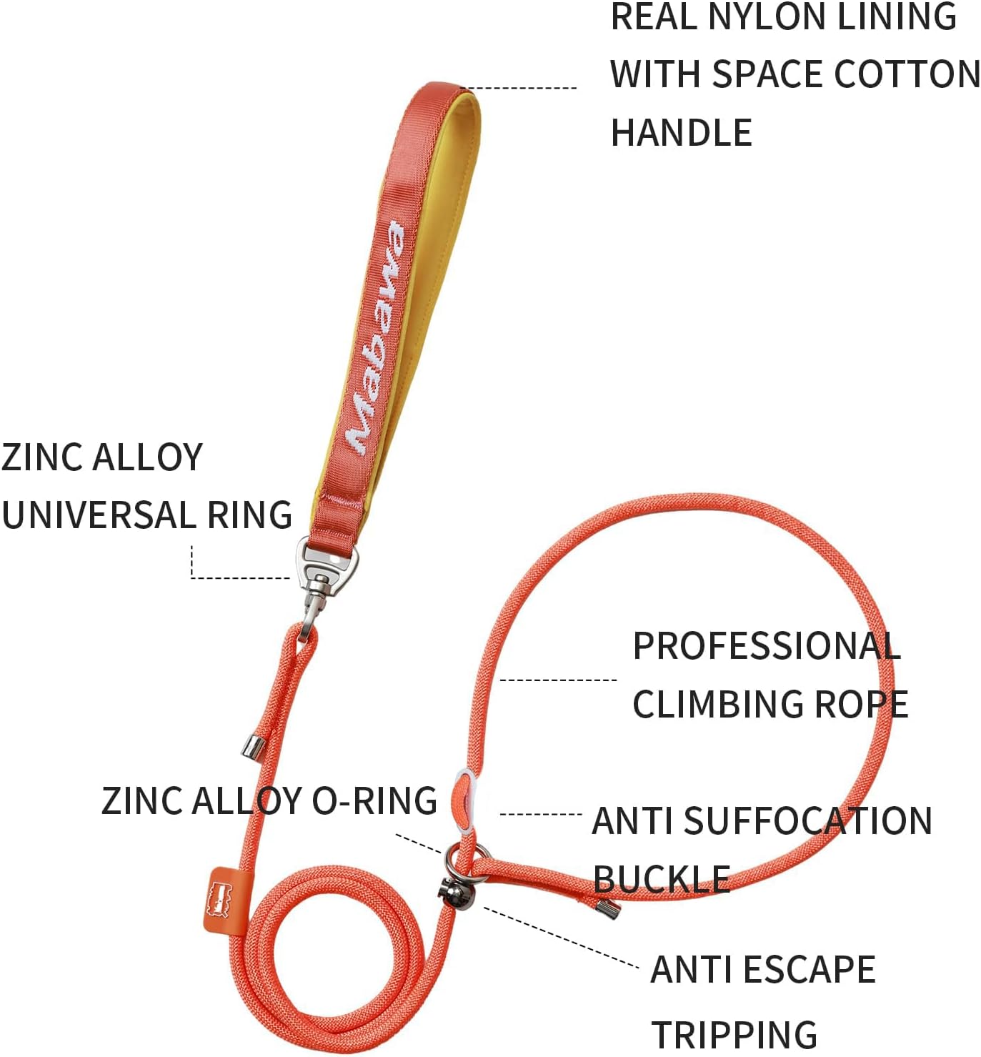 Dog Anti-Slip Leash 5FT with Metal Stopper - Durable No-Pull Training Lead for Small, Medium & Large Dogs - Comfortable Handle Nylon Rope, Tangle-Free Pet Walking Leash (Orange, 5.6FT)