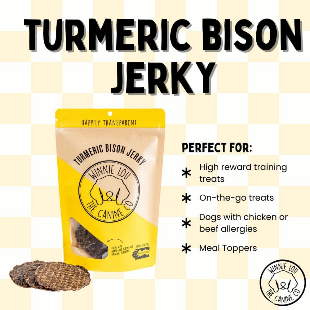 Winnie Lou Turmeric Bison Jerky Dog Treats – Limited Ingredient, Human Grade, Training Treats for Small, Medium & Large Dogs, Made in USA (1 Pack)