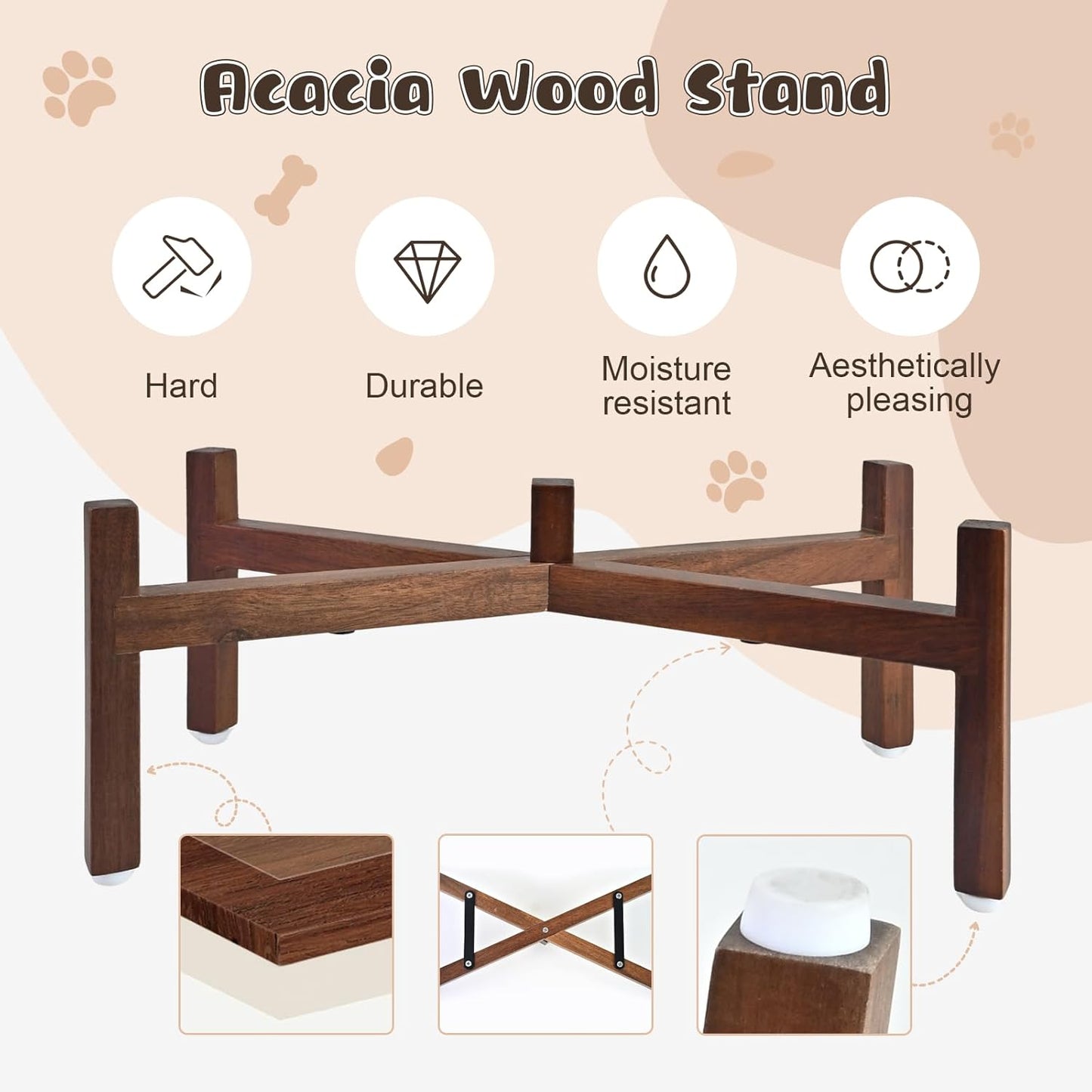 SPUNKYJUNKY Ceramic Elevated Dog Bowl Set with Acacia Wood Stand for Food and Water for Medium Dogs (42.27 OZ, White, Dog Paw Pattern)