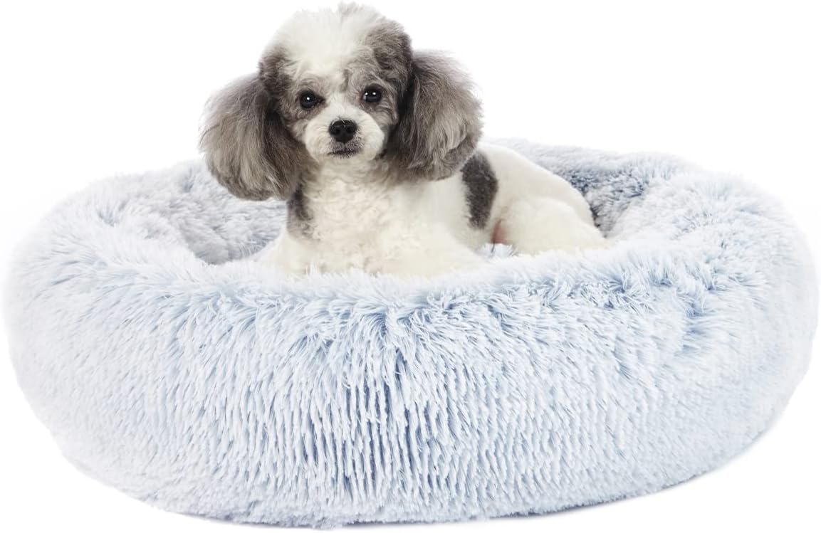 Bedfolks Calming Donut Dog Bed, 23 Inches Round Fluffy Dog Beds for Small Dogs, Machine Washable Anti-Anxiety Plush Puppy Bed（Light Blue, Small）