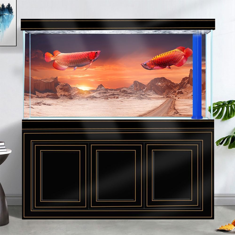 24X12IN Sun and Desert Moon Themed Reptile Habitat on Orange Durable Decorative Background, Terrarium Background with 10EVA Double-Sided Tape