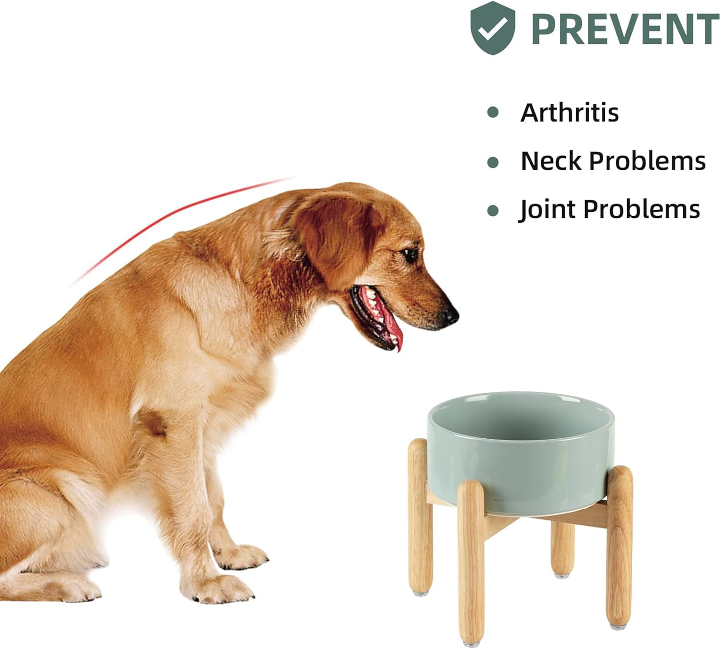 Ceramic 7.3inch Raised Dog Bowl Set, Elevated with Wooden Stand, Food and Water Bowl for Medium Breed Dogs, Weighted Dog Dishes, Pet Feeder(Light Green)