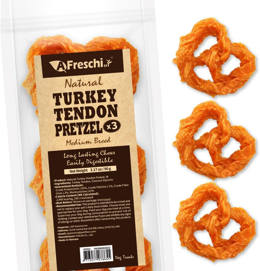 Afreschi Turkey Tendon Pretze (M) 3.17 oz, USA-Sourced Turkey Tendon, All Natural Human Grade Dog Chew, Hypoallergenic, Rawhide Alternative, Dog Treats for Medium Breeds