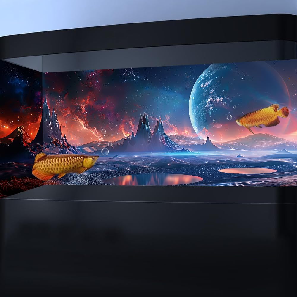 Scarlet Cosmic Aquarium Background,Cool Galaxy Parallel Space Themed Fish Tank Background, Tropical Desert Terrarium Background 72X18IN with 8 EVA Double-Sided Tape