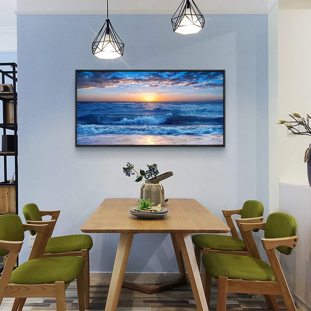 Sea Beach Framed Canvas Wall Art For Living Room Wall Decor For Bedroom Home Decor Blue Ocean Canvas Pictures Artwork Sunny Sea View Wave Painting Office Wall Decorations Black Framed 20" X 40"