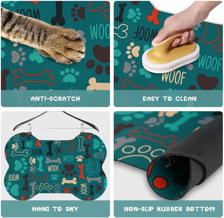 Dog Food Mats for Floors Waterproof, Pet Feeding Absorbent Water Bowl Mat Cat Placemats Green Bone Shape 19 * 12 inch