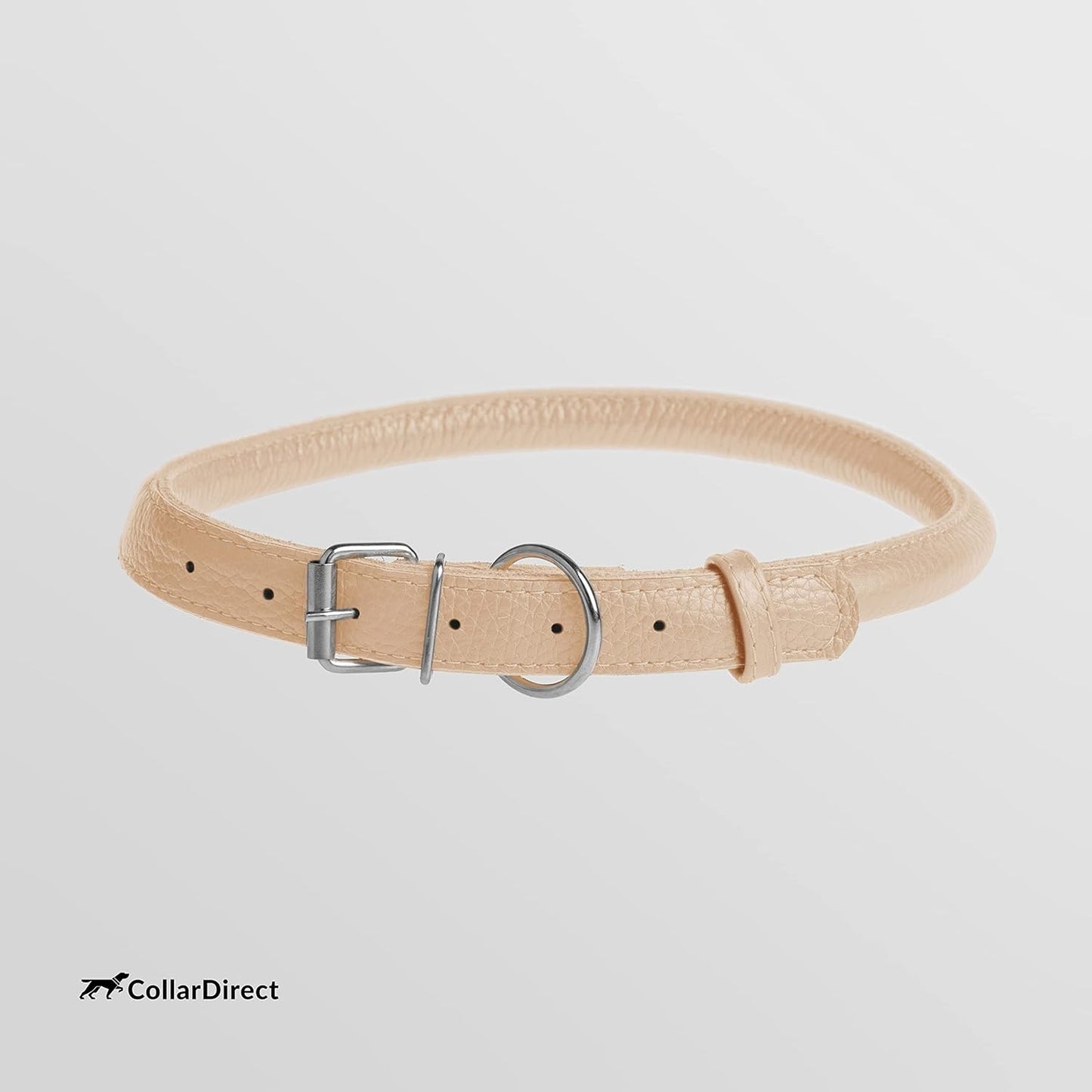CollarDirect Rolled Leather Dog Collar, Soft Padded Round Puppy Collar, Handmade Genuine Leather Collar Dog Small Large Cat Collars 13 Colors (15-19 Inch, Beige Textured)