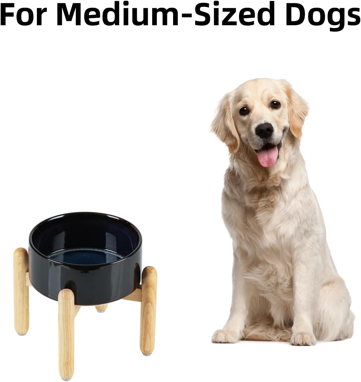 Ceramic 7.3inch Raised Dog Bowl Set, Elevated with Wooden Stand, Food and Water Bowl for Medium Breed Dogs, Weighted Dog Dishes, Pet Feeder(Starry Sky)