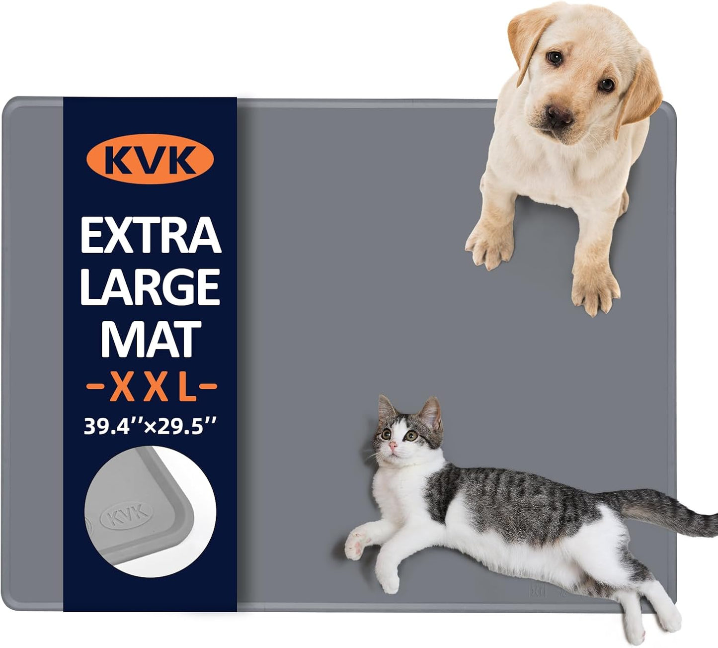 KVK Dog Food Mat, 39.4×29.5in Extra Large Silicone Pet Feeding Mat - Waterproof, Non - Slip, Chew - Resistant for Food & Water, Protect Floors (Light Gray)