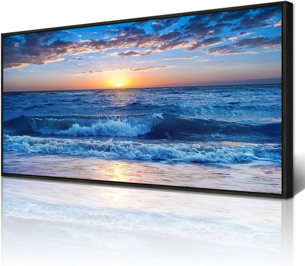 Wapluam Large Canvas Art - Blue Ocean Beach Scene, Sunny Sea View, Wave Wall Pictures, Black Framed Home Decor