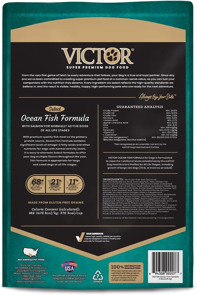 VICTOR Super Premium Dog Food – Select Ocean Fish Formula with Salmon – Omega-3 and Omega-6 Enriched Gluten-Free Dry Kibble for All Normally Active Dogs of All Life Stages, 5lbs