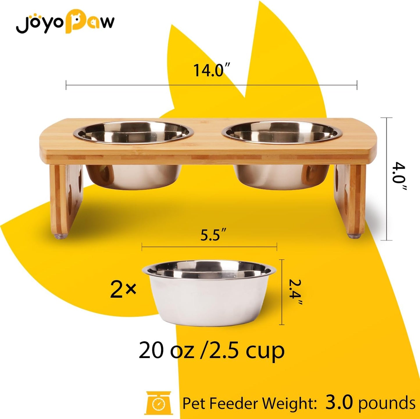Elevated Dog Bowls, Bamboo Raised Dog Bowl for Small Dogs & Cats, with 2 Stainless Steel Bowls (4'' Tall-20oz Bowl, Natural)