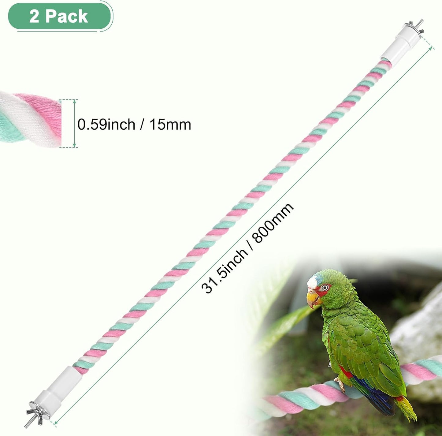 2-Pack Rope Perches for Bird Cages, 31.5 in Length Comfort Grip Flexible Rope Perch Beak & Paw Grinding for Parrots/Cockatiels/Parakeets, Bird Platform Sand [Pink Cyan]