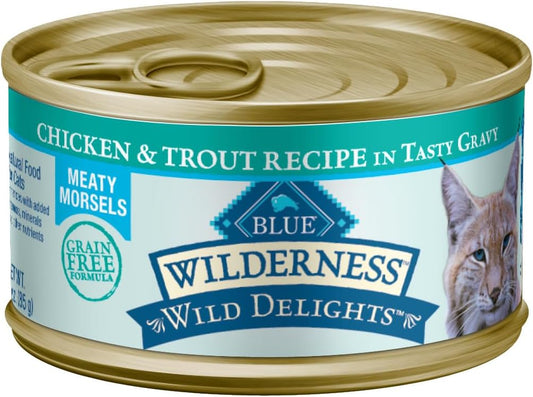 Blue Buffalo Wilderness Wild Delights Meaty Morsels Wet Cat Food, High-Protein & Grain-Free, Made with Natural Ingredients, Chicken & Trout Recipe in Tasty Gravy, 3-oz. Cans (24 Count)