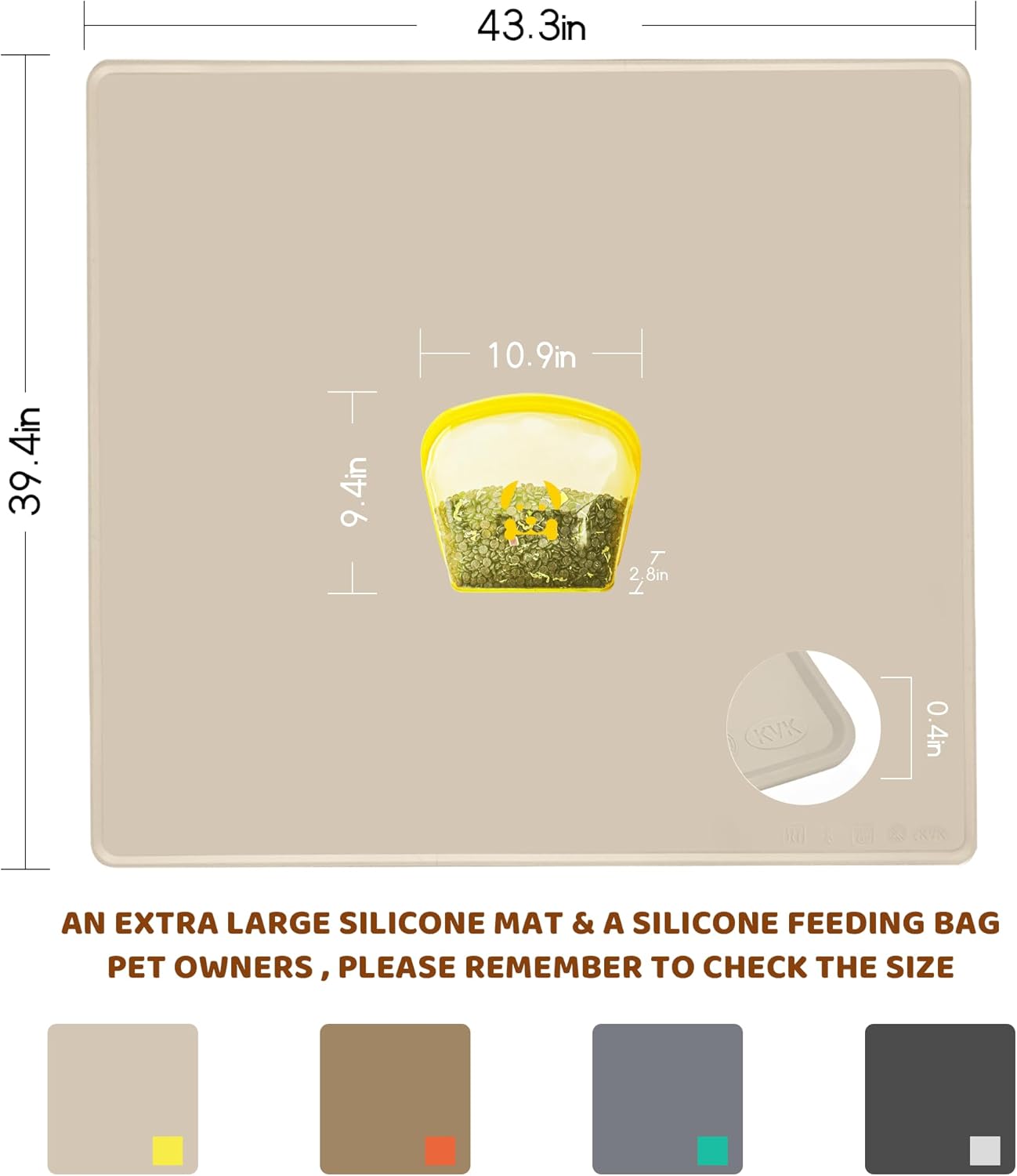 KVK Extra Extra Large Silicone Dog Food Mat 39.4×43.3in and 128oz Silicone Bag Set, Super Size Waterproof Pet Feeding Mat & Container, Non-Slip, Chew-Resistant Floor Protection (Beige&Yellow)