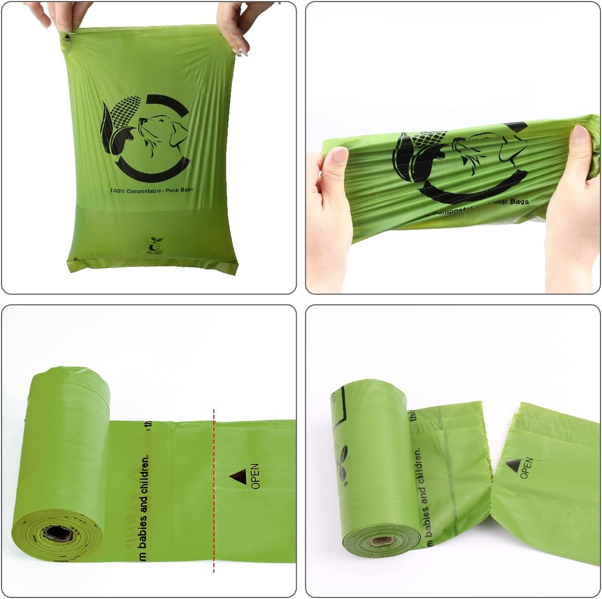 Certified Compostable Dog Poop Bags, 120 Count Landfill Friendly and Leakproof Waste Bags, Easy Open Unscented Forest Green Poop Bag for Dog, 15 Doggy Bags Per Roll (8 rolls)
