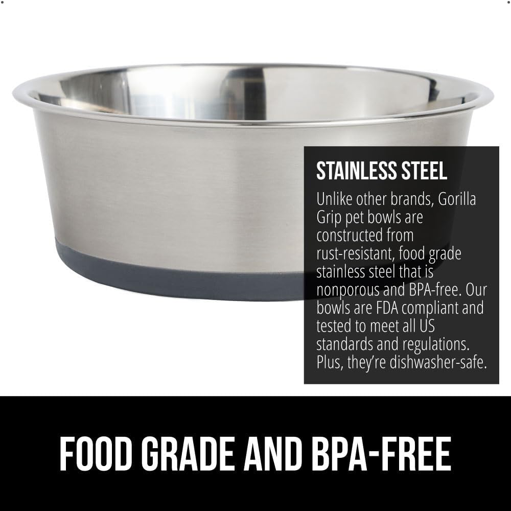 GORILLA GRIP Set of 2 Dog Bowls, Holds 8 Cups (64 fl oz), Heavy Duty Metal Food and Water Bowl for Feeding Dogs and Cats, Dishwasher Safe, Rust Resistant Stainless Steel, BPA Free Rubber Base, Gray