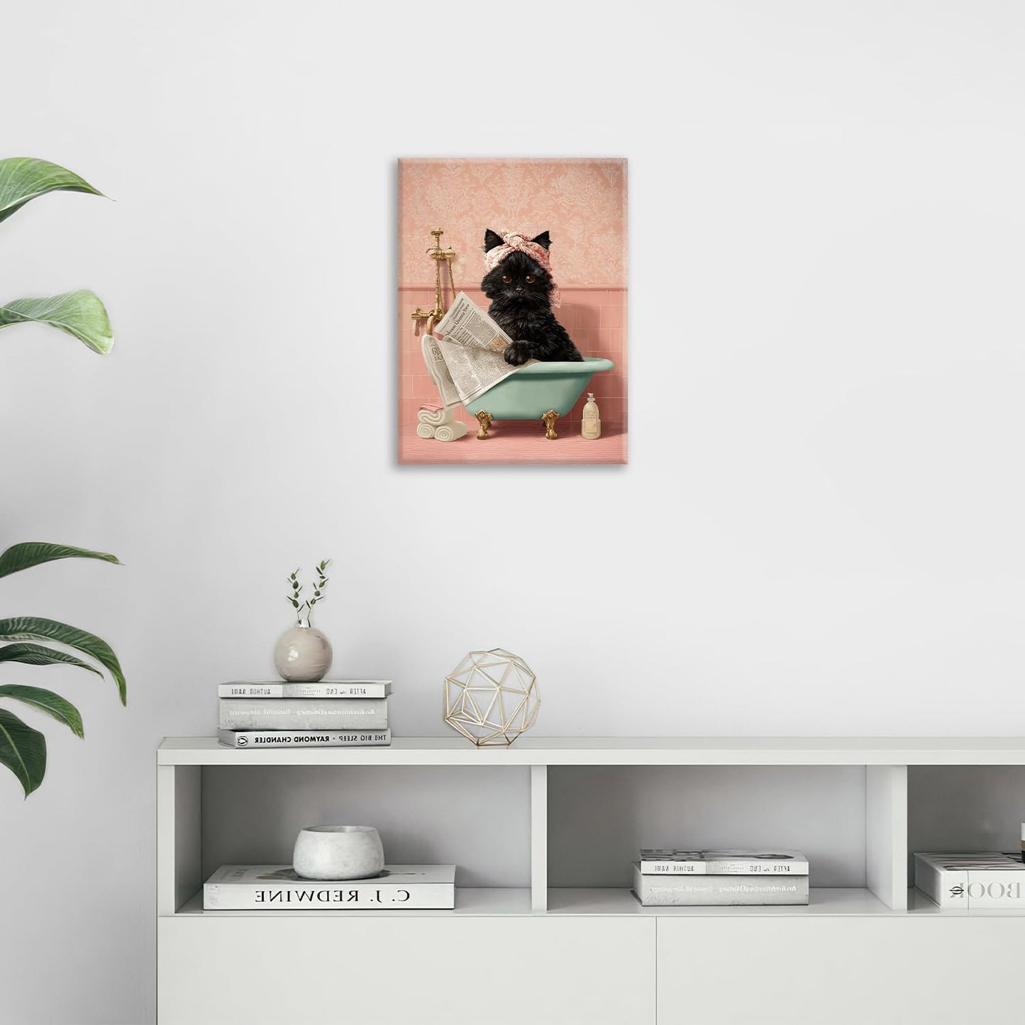 Cat Bathroom Wall Decor Black Cat Reading Newspaper in Bathtub Canvas Wall Art Funny Bathroom Pictures Kitten Painting Print Pink Artwork Framed Decorations Gifts 16"x20"