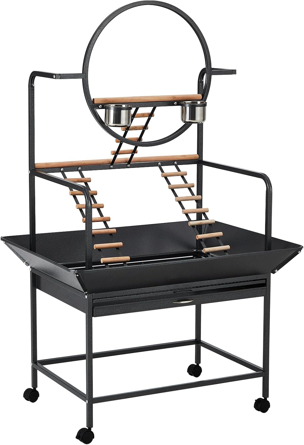 Bird Playstand, 66'' H Inch Birdcage Stand Activity Play Center with Perches and Ladders, Removable Tray, Indoor Outdoor Playground for Parakeet,Cockatiels Conures Parrots, Lockable Caster,Black