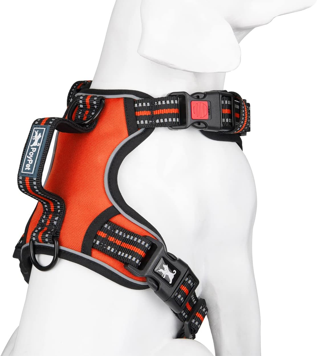 PoyPet No Pull Dog Harness, No Choke Front Clip Reflective Dog Vest with Soft Padded Vertical Handle, 3 Leash Attachments for Small Medium Large Dogs (Orange,M)