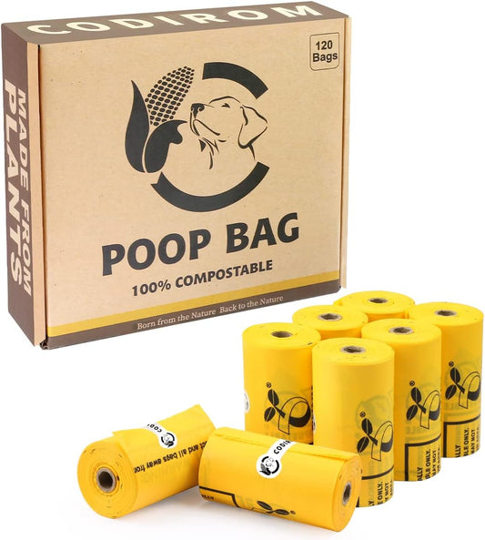Certified Compostable Dog Poop Bags, 120 Count Landfill Friendly and Leakproof Waste Bags, Easy Open Unscented Maize Yellow Poop Bag for Dog, 15 Doggy Bags Per Roll (8 rolls)