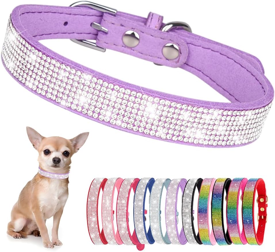 Rhinestone Dog Collar for Small Dogs, Bling Diamond Fancy Crystal Glitter Pretty Jewel Pet Puppy Collars for XXS XS Small Medium Large Breed Girl Dogs Female Cats Kitten, Purple XXL