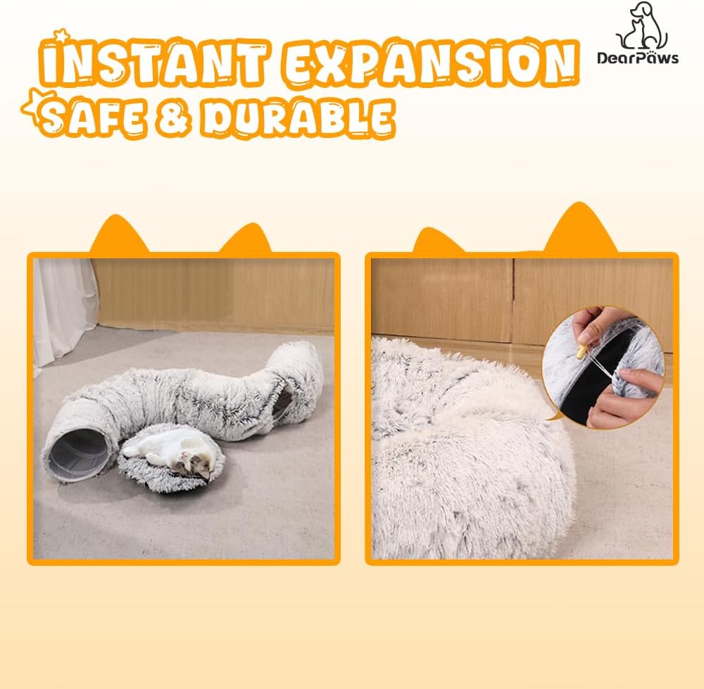 Cat Tunnel with Bed for Indoor Use Under Christmas Tree Soft Plush Cat Cave Donut Tunnel, Multifunctional Playground Toys Hideplace for Kittens, Rabbit, Ferret (Grey)