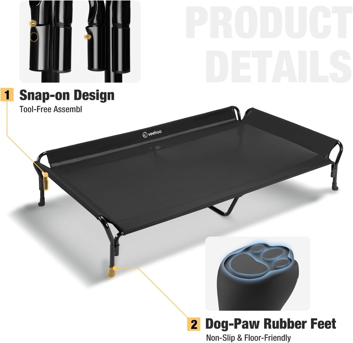 Veehoo Cooling Elevated Dog Bed, Guardrail Raised Pet Cot, Indoor & Outdoor XXL Pet Bed with Washable & Breathable Teslin Mesh, Non-Slip Feet, Dog Couch Bed, 62.5" x 37", Black