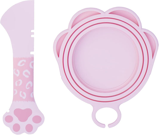 Meow&Woof Cute Cat Pet Can Food Cover with Spoon - One Lid and One Spoon Pack (Pink)