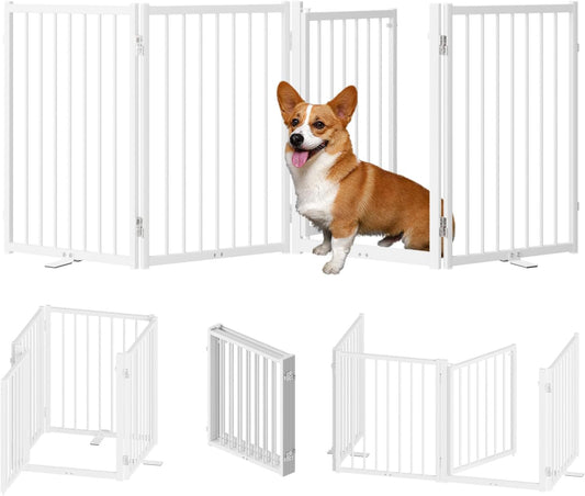 Full Metal Freestanding Dog Gate with Door, 24'' Height Foldable Pet Dog Fence for Indoor & Outdoor, 4 Panels Extra Wide Free Standing SmallDog Gates for Doorways,House,Stairs,Porch,Deck,Yard