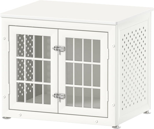 26" Heavy Duty Dog Crate Furniture for Small Dogs, Metal Kennel for High Anxiety Dogs, Chew Proof Pet Cage Indoor, Decorative Kennel End Table, White