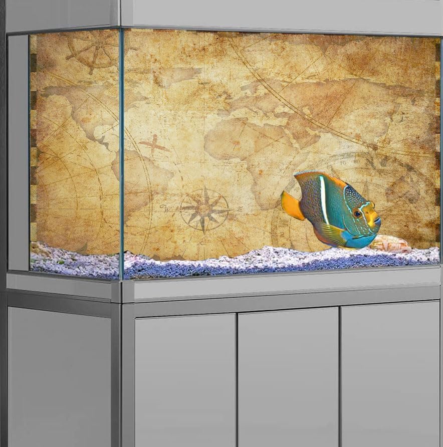 48X24IN Retro Old Travel World Map Terrarium Background, Art Parchment Pirate Treasure Map Reptile Habitat Background with 10EVA Double-Sided Tape