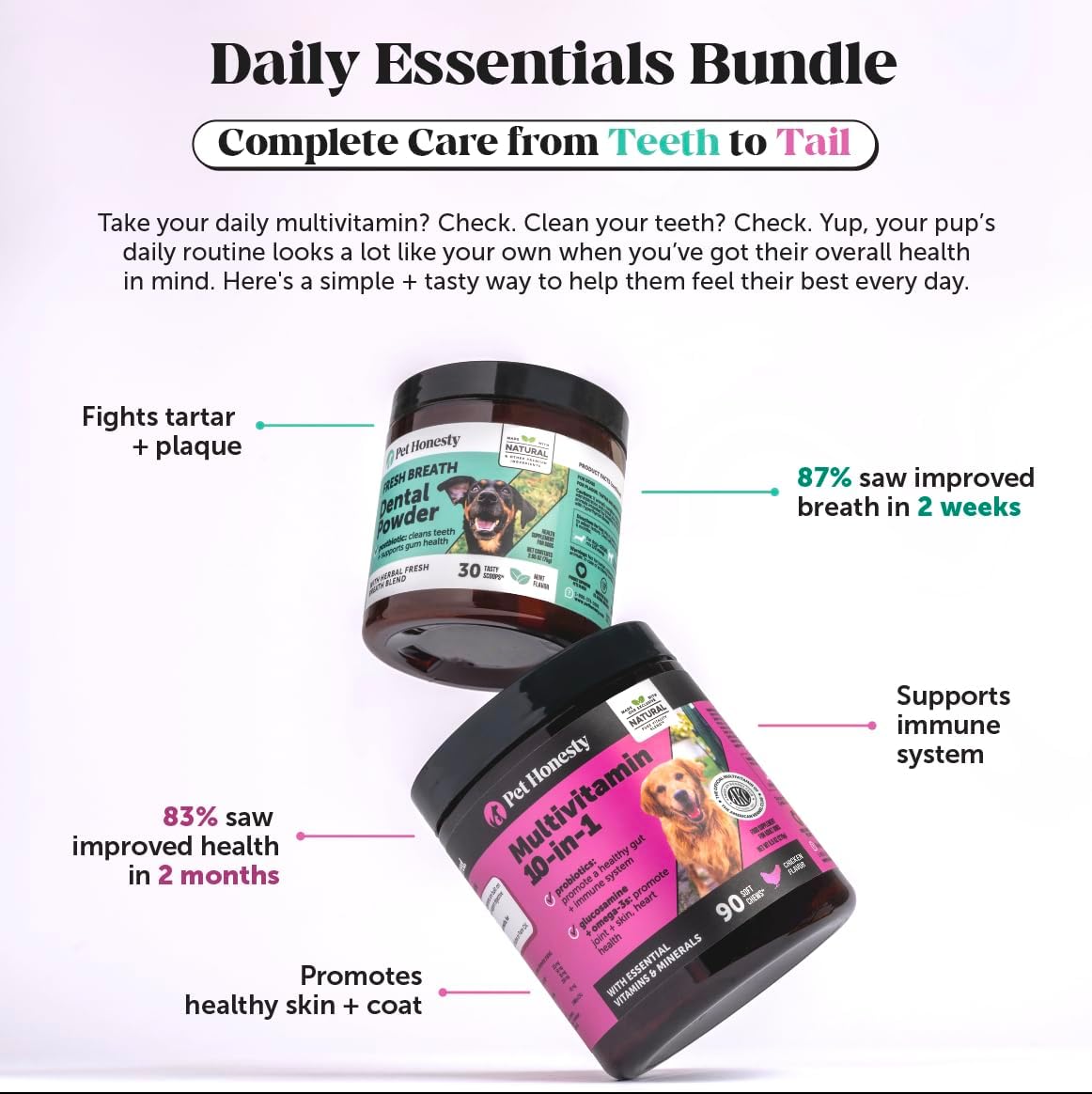 Dog Breath Freshener Dental Powder for Teeth Cleaning Plaque Off, Dental Care for Large Dogs, Tartar Remover for Teeth with Natural Herbal Blend + Postbiotics (Mint - 60 Servings)