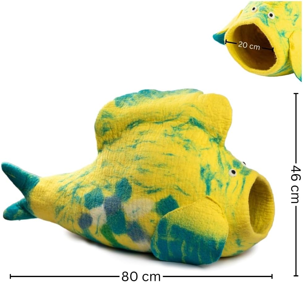 Luxurious Eco-Friendly Merino Wool Cat Cave Bed Fish Design - Foldable Hideaway Pod for Indoor Cats - Premium Felt Kitten Beds - Covered Cat House for Ultimate Cozy Comfort by Woolygon