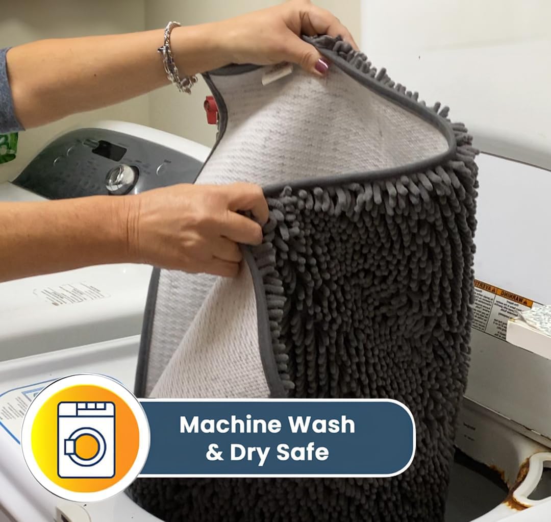 Muddy Mat® AS-SEEN-ON-TV Highly Absorbent Microfiber Door Mat and Pet Rug, Non Slip Thick Washable Area and Bath Mat Soft Chenille for Kitchen Bathroom Bedroom Indoor and Outdoor - Grey 6ft x 9ft