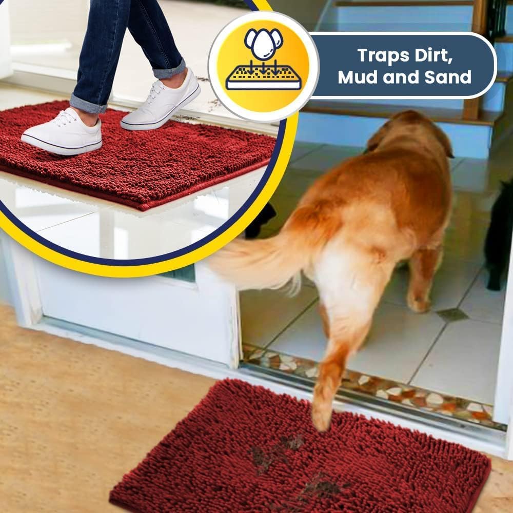 Muddy Mat® AS-SEEN-ON-TV Highly Absorbent Microfiber Door Mat and Pet Rug, Non Slip Thick Washable Area and Bath Mat Soft Chenille for Kitchen Bathroom Bedroom Indoor and Outdoor - Red 24" x 120"