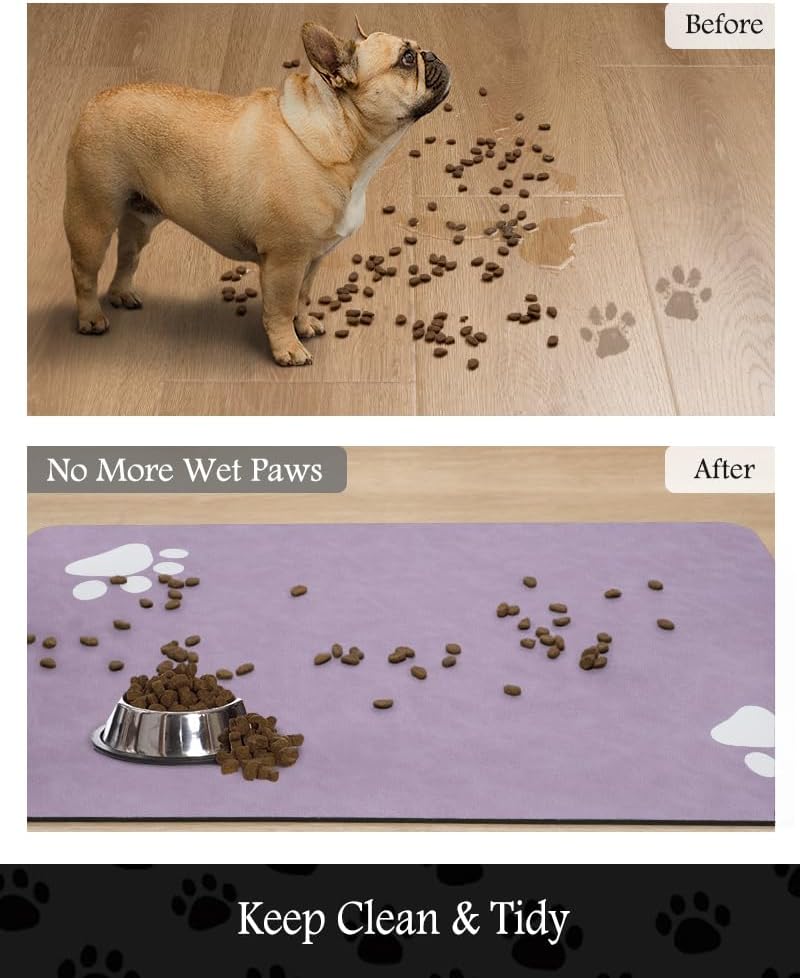 Pet Feeding Mat-Absorbent Dog Mat for Food and Water Bowl-No Stains Quick Dry Water Dispenser Mat-Dog Accessories Pet Supplies-Bowl for Messy Drinkers（Purple,12"x19"